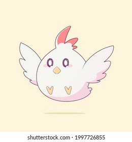 Cute flying white little chicken cartoon isolated on a light background