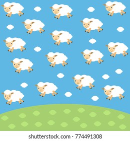 Cute flying white sheep in shape clouds on sky background. Set funny sheep for baby and kids. Cartoon lambs. Background with animals. Design for fabric and decor in flat style. Vector illustration.