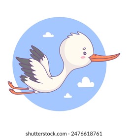 Cute flying white stork. Funny cartoon kawaii bird character. Vector illustration. Kids collection