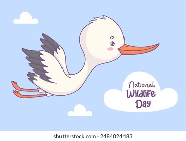 Cute flying white stork. Holiday poster national wildlife day. Festive Horizontal card with funny cartoon kawaii bird. Vector illustration..