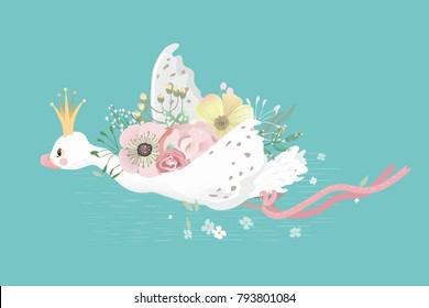 Cute flying white swan princess (bird, goose, duck) with flowers bouquet, pink tied bow and golden crown