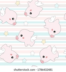 Cute flying winged piglets.Vector seamless pattern.