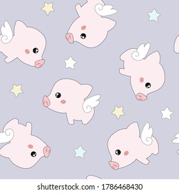 Cute flying winged piglets.Vector seamless pattern.