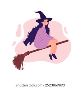 Cute Flying Witch on a Broomstick on White Background. Halloween Character Vector Illustration.