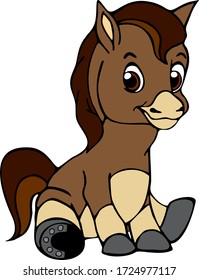 Cute foal sitting and smiling. Animal in cartoon style. Vector template for design T-shirts. Fashion graphic for apparel. Character image horse for children's magazines and preschool institution