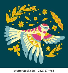 Cute folk art decorative bird with flowers and plants.