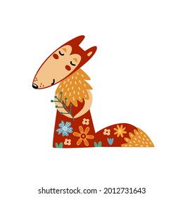 Cute folk art fox. Woodland animal in Scandinavian, Nordic style. Hand drawn flat vector illustration isolated on white. Could be used for t-shirt design, kids products, cards, poster. 