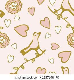 Cute folk art style birds, hearts and flowers in a seamless vector repeat pattern. Whimsy, love, happy occasions like wedding, birthdays or Valentines Day. Cards, gift wrapping, invitations, textiles.
