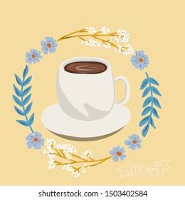 cute folk art tea cup with flower  vector illustration
