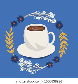 cute folk art tea cup with flower  vector illustration