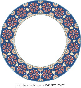 Cute folk floral ornament round frame with copy space. Use for embroidery framing, plate contour, greeting card, invitation, Easter holiday decoration 