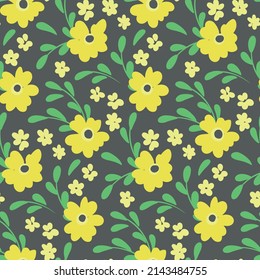 Cute folk print with small yellow flowers, leaves on a gray field. Seamless floral pattern, decorative botanical background with rustic painted plants. Vector illustration.