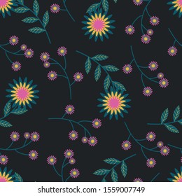 Cute folk style floral pattern in yellow, green, petrol blue, pink and light green colour on black background.