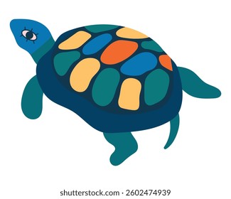 Cute folk turtle. Isolated vector illustration for print, turtle day greeting card, background. Bright, colorful
