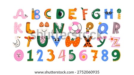 Cute font alphabet font in retro cartoon style. Playful magazine collage lettering with uneven shapes, bold characters and handmade look, childish and doodle typeface for posters, kids projects, educational materials, stickers, packaging, creative typography and expressive graphic communication