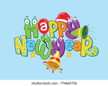 Cute Font Style of Happy New Year 2018 : Layered Vector Illustration - Easy to Edit 