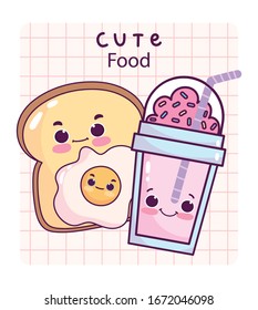 un desayuno muy lindo rebanado pan huevo frito y postre dulce frappe caricatura ilustración vectorial