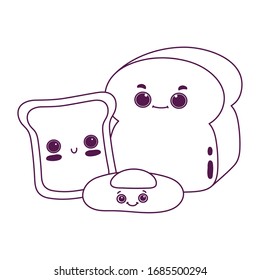 Ternera de desayuno rebanada pan y huevo frito postre dulce caricatura vectorial estilo de línea de diseño aislado