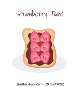 Cute food character isolated on white background. Strawberry Toast vector illustration. Happy smiling kawaii food emoji. Nursery decoration, fabric print, post card design elements. Summer berries.
