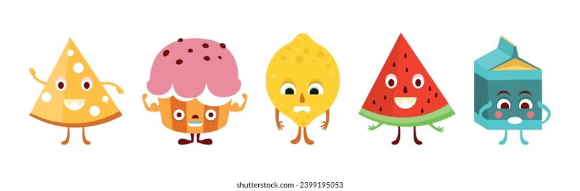 Cute Food Character with Smiling Faces Vector Set