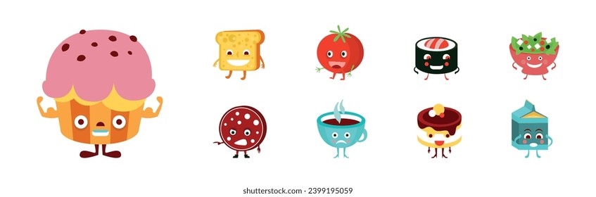 Cute Food Character with Smiling Faces Vector Set