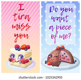 Cute food characters with funny flirty quotes. I tira miss you and Do you want a piece of me sweet puns