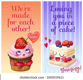 Cute food characters with funny flirty quotes. I tira miss you and Do you want a piece of me sweet puns