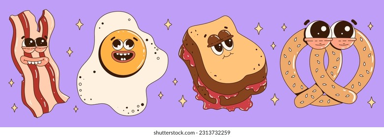 Cute food characters illustration. Funky retro groovy egg, bacon, pretzel, french toast. Contemporary mascots for cafe, restaurant, bar. Vector art.