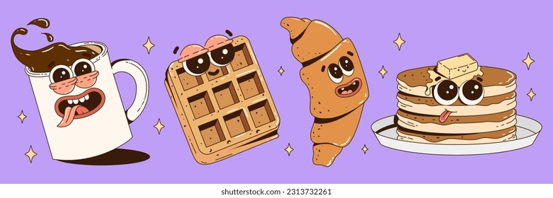 Cute food characters illustration. Funky retro groovy coffee, waffle, croissant, pancake. Contemporary mascots for cafe, restaurant, bar. Vector art.