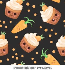 Cute food characters in seamless pattern. Carrot cupcake and vegetable on dark background. Kawaii cartoon illustration. Funny happy kids drawing. Use for fabric print, wrapping paper, card, kids menu.