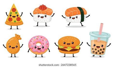 Cute food characters sushi pizza burger donut bubble tea and tempura
