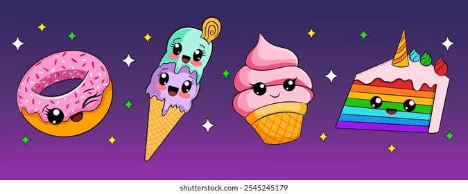 Personajes lindos de la comida. Dulces kawaii coloridos