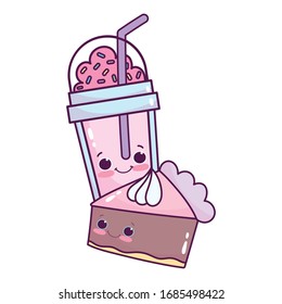 cute food chocolate cake and smoothie cup sweet dessert pastry cartoon vector illustration isolated design