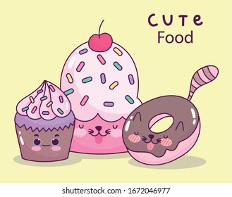 cute food chocolate donut and cupcakes sweet dessert pastry cartoon vector illustration