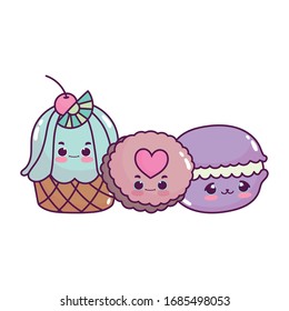 cute food cupcake cookie and macaroon sweet dessert pastry cartoon vector illustration isolated design