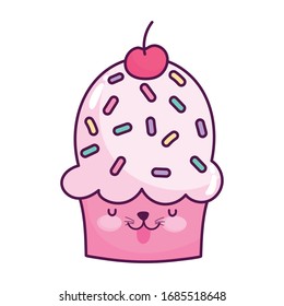 cute food cupcake with fruit sweet dessert kawaii cartoon vector illustration isolated design