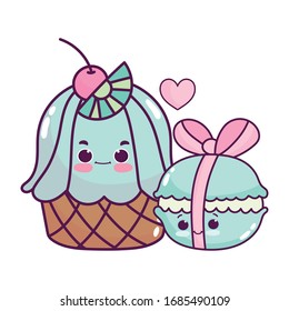 cute food cupcake with lime and macaroon with ribbon sweet dessert pastry cartoon vector illustration isolated design