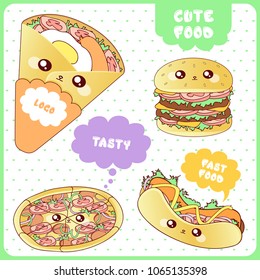 cute food with different emotions. characters in cartoon style. Face character bread fast food illustration