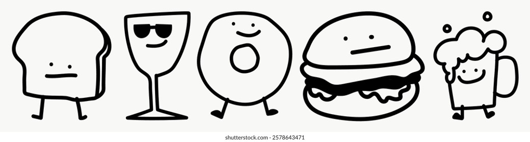 Cute food doodles: bread, wine, donut, burger, beer. Fun food art with faces. Doodle style food, playful and quirky. Cartoon food characters. Cute doodle icons vector set.