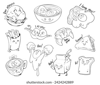 Cute food is drawn in comic style. Drawings adorable haracters with different emotions. Black and white cartoon character. Funny vector illustration. Isolated white background. Sticker pack. Set