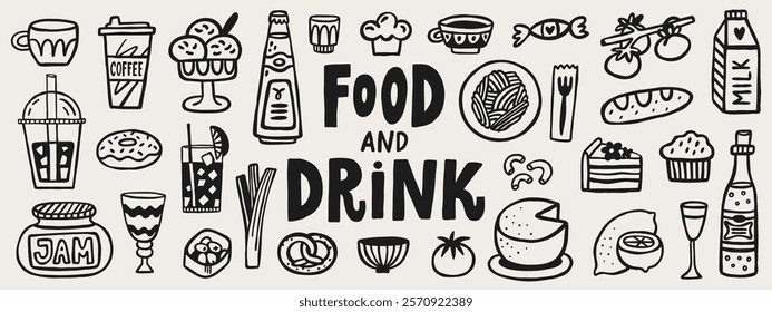 Cute food and drink hand drawn doodle elements. Cafe vector set, breakfast, brunch, lunch menu drawings