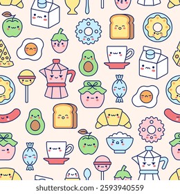 Cute food and drink seamless pattern. Vector kawaii breakfast texture with croissant, egg, apple, toast, tea, candy, avocado, strawberry, donut, fried eggs, cookie, milk, cheese, coffee maker.