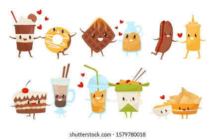 Cute Food and Drinks Cartoon Characters Best Friends Set, Delicious Fast Food Menu Dises with Funny Faces Vector Illustration