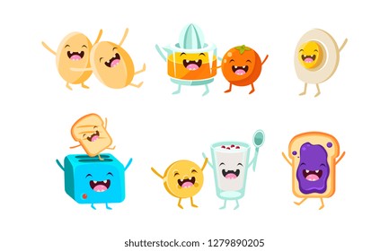 Cute food and drinks characters set, funny healthy breakfast, eggs, toaster with toast, biscuit and yogurt, sandwich with jam vector Illustration