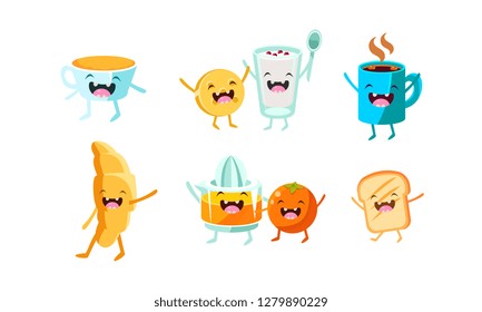 Cute food and drinks characters set, funny healthy breakfast dishes vector Illustration