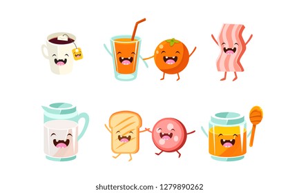 Cute food and drinks characters set, funny healthy breakfast, jug of milk, toast and sausage, honey, cup of tea, orange juice, ham vector Illustration