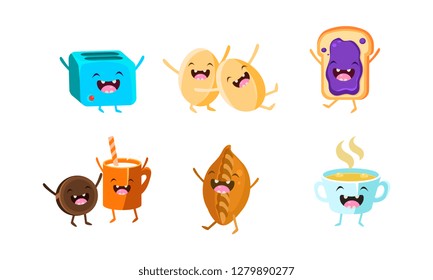 Cute food and drinks characters set, funny healthy breakfast, eggs, toaster, biscuit and yogurt, pie, sandwich with jam vector Illustration