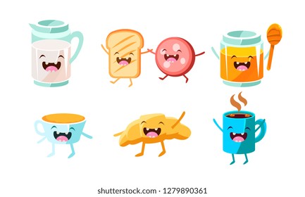 Cute food and drinks characters set, funny healthy breakfast, jug of milk, toast with sausage, honey, croissant, cup of tea vector Illustration