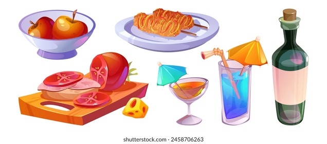 Cute food and drinks for picnic in city park or dining concept. Cartoon meals - korean fried hot dog on plate, apples in bowl, sandwich and tomato on cutting board, wine bottle and cocktails in glass.