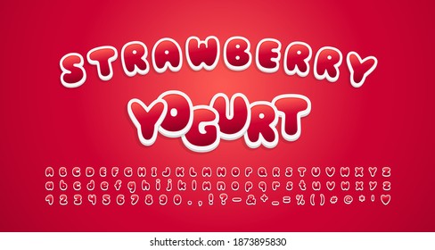 Cute food font. Cartoon alphabet and numbers sweet strawberry color, 3d sticker style. Vector font set